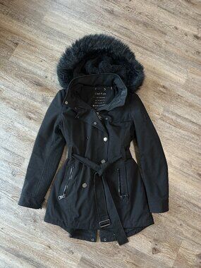 Calvin Klein Softshell Coat Womens Large Hood Black Long Double Breasted Belt